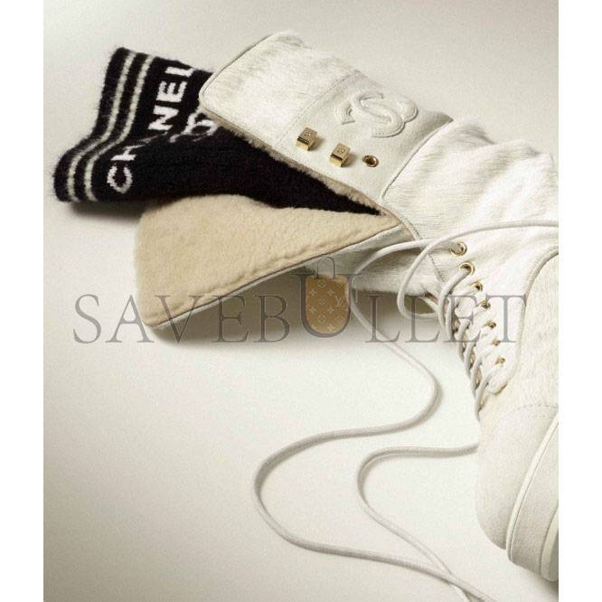 CHANEL LACE-UPS 		CALFSKIN, KNIT & SUEDE CALFSKIN			WHITE & BLACK G39506 Y56127 K4955