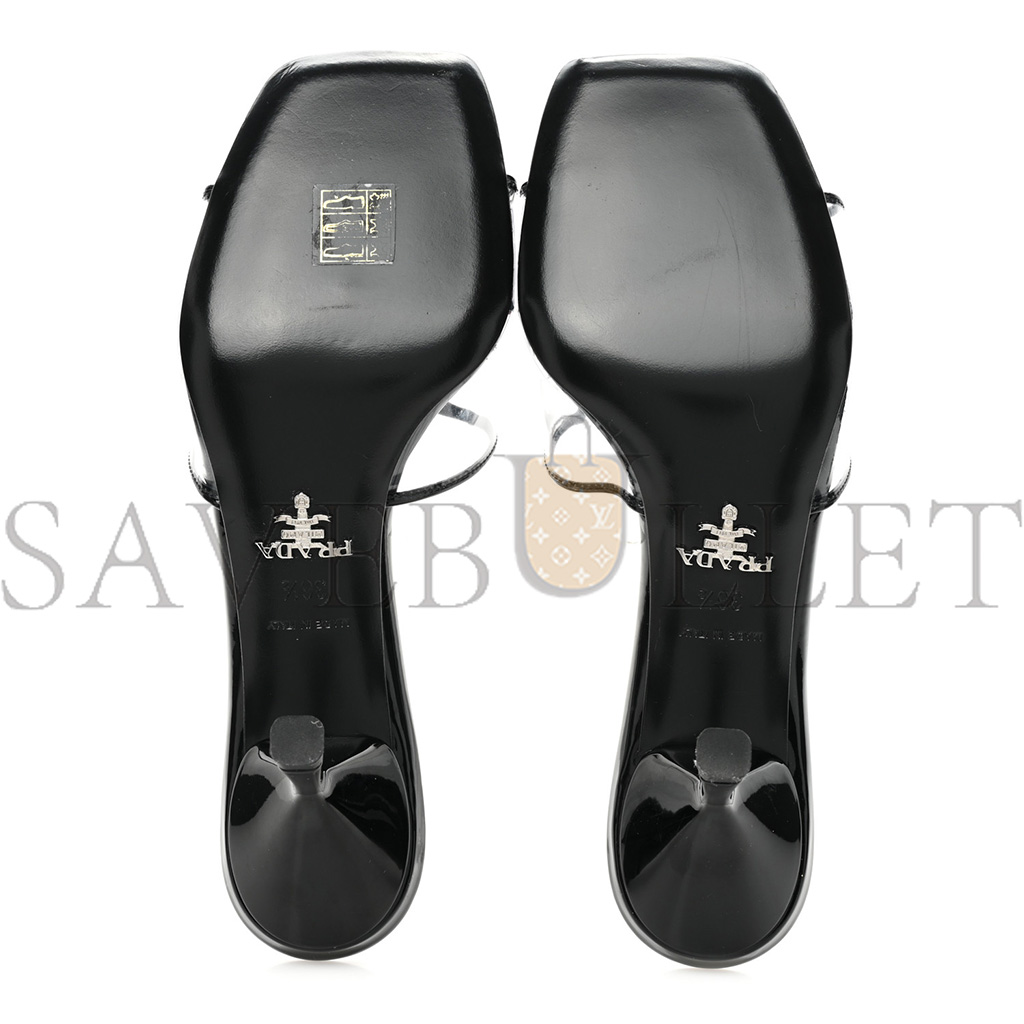 PRADA PLEXIGLASS VERNICE METAL TRIANGLE LOGO 65MM SLIDE SANDALS 36.5 BLACK