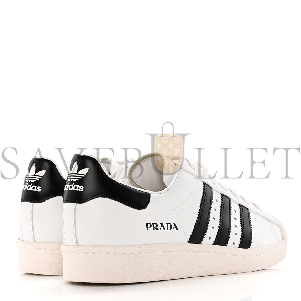 PRADA X ADIDAS BRUSHED CALFSKIN LOGO MENS SUPERSTAR SNEAKERS 7.5 WHITE BLACK