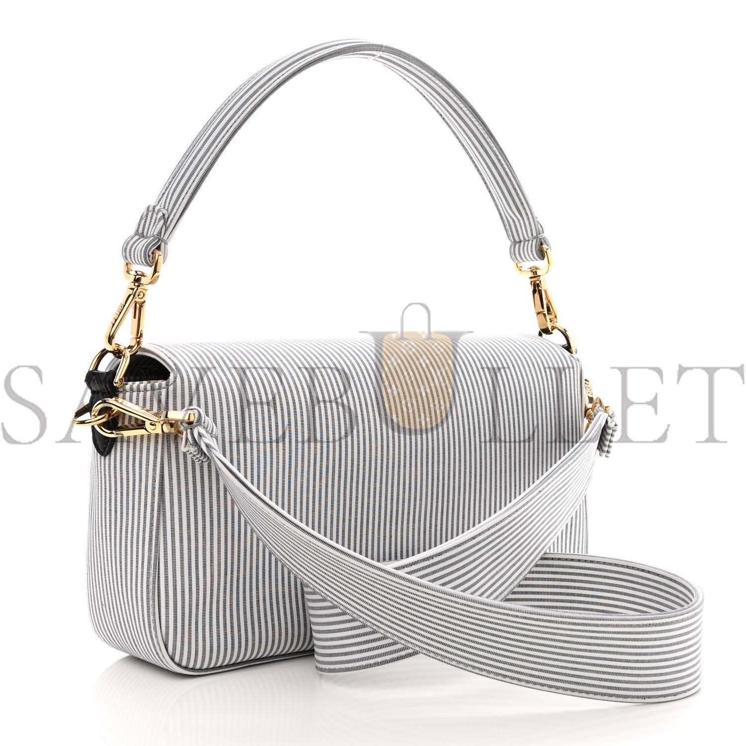 FENDI COTTON CUOIO BRETAGNA STRIPED BAGUETTE GRIGIO WHITE BLACK (27*15*6cm) FENDI COTTON CUOIO BRETAGNA STRIPED BAGUETTE GRIGIO WHITE BLACK (27*15*6cm)