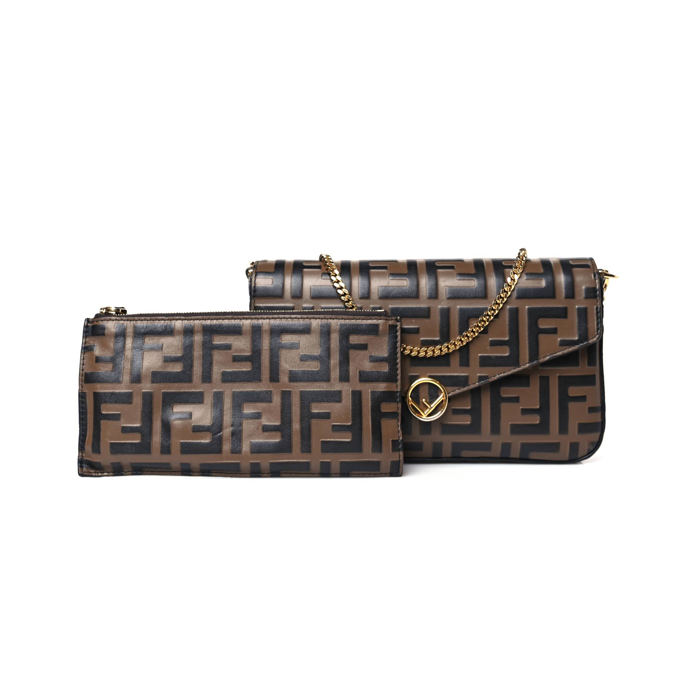 FENDI VITELLO SOFT F IS FENDI BI-COLOR FF 1974 EMBOSSED ENVELOPE WALLET ON CHAIN WITH POUCHES MAYA BLACK (21*12*3cm) FENDI VITELLO SOFT F IS FENDI BI-COLOR FF 1974 EMBOSSED ENVELOPE WALLET ON CHAIN WITH POUCHES MAYA BLACK (21*12*3cm)