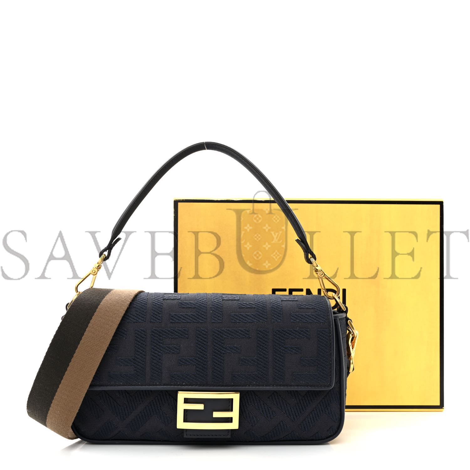 FENDI CANVAS VITELLO KING BI-COLOR STRAP FF EMBROIDERED BAGUETTE MIDNIGHT (27*16*6cm) FENDI CANVAS VITELLO KING BI-COLOR STRAP FF EMBROIDERED BAGUETTE MIDNIGHT (27*16*6cm)