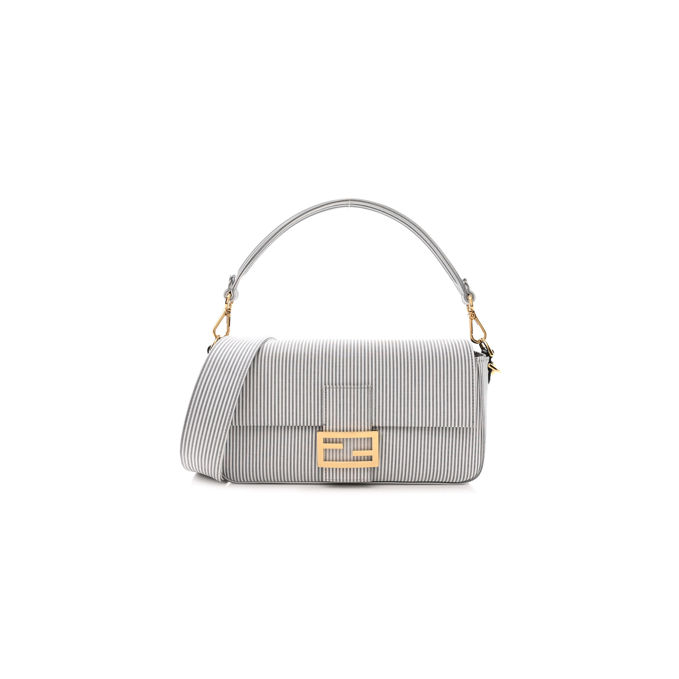 FENDI COTTON CUOIO BRETAGNA STRIPED BAGUETTE GRIGIO WHITE BLACK (27*15*6cm) FENDI COTTON CUOIO BRETAGNA STRIPED BAGUETTE GRIGIO WHITE BLACK (27*15*6cm)