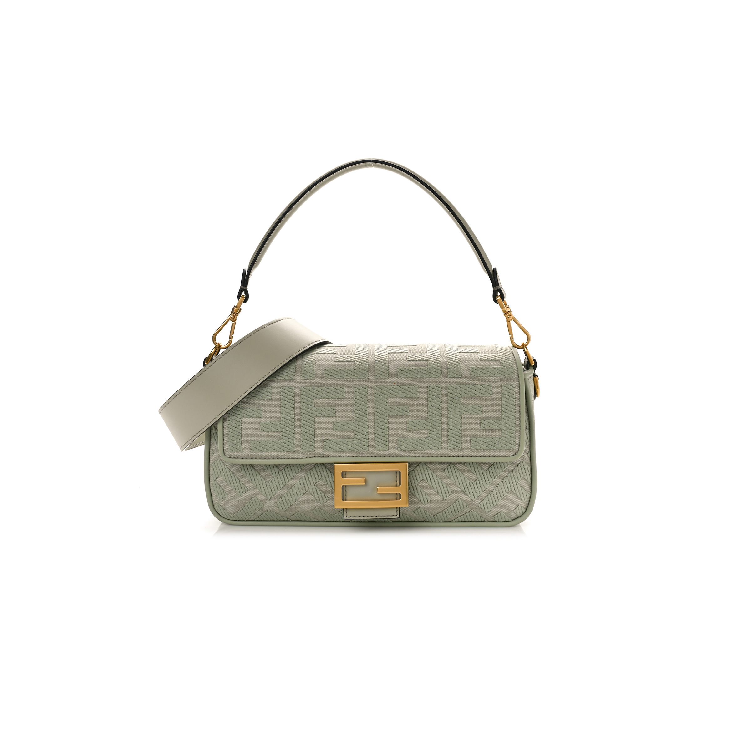 FENDI CANVAS VITELLO KING FF EMBROIDERED BAGUETTE GREEN TEA (29*18*8cm) FENDI CANVAS VITELLO KING FF EMBROIDERED BAGUETTE GREEN TEA (29*18*8cm)