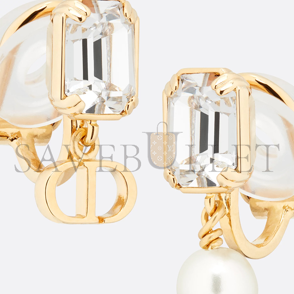 DIOR PETIT CD CLIP-ON EARRINGS GOLD-FINISH METAL WITH A WHITE RESIN PEARL AND SILVER-TONE CRYSTALS E3603WOMCY_D03S