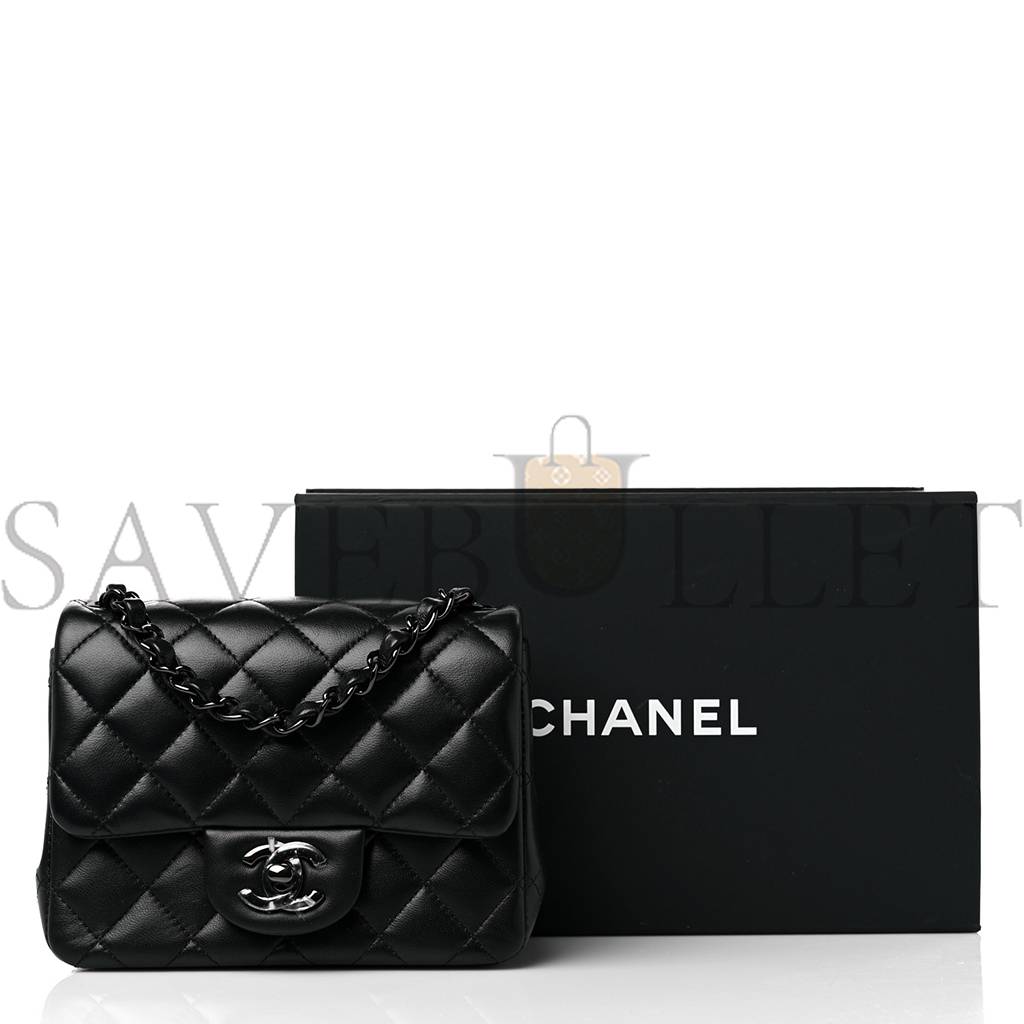CHANEL LAMBSKIN QUILTED MINI SQUARE FLAP SO BLACK SILVER HARDWARE (17*12*7cm) CHANEL LAMBSKIN QUILTED MINI SQUARE FLAP SO BLACK SILVER HARDWARE (17*12*7cm)
