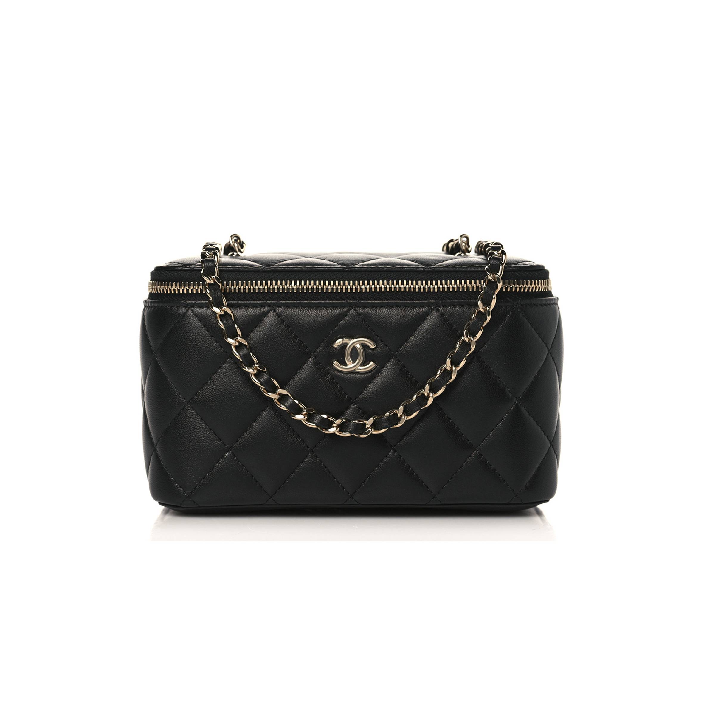 CHANEL LAMBSKIN QUILTED PEARL CRUSH SMALL VANITY CASE WITH CHAIN BLACK ROSE GOLD HARDWARE (17*10*8cm) CHANEL LAMBSKIN QUILTED PEARL CRUSH SMALL VANITY CASE WITH CHAIN BLACK ROSE GOLD HARDWARE (17*10*8cm)