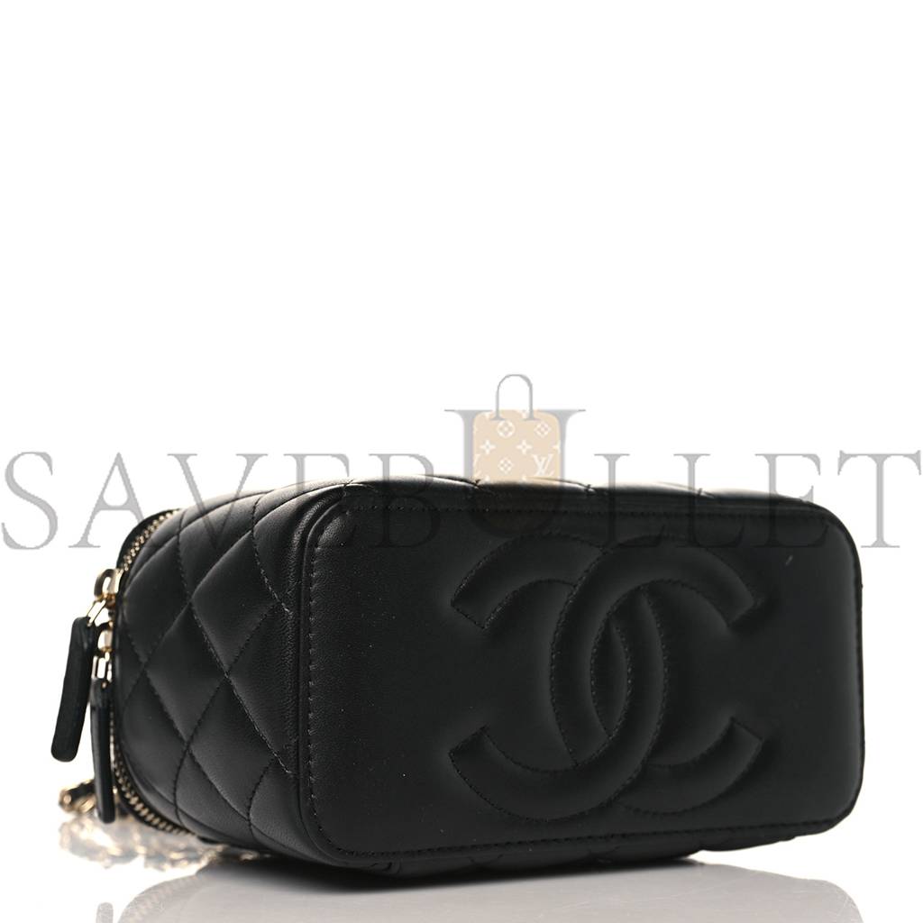 CHANEL LAMBSKIN QUILTED PEARL CRUSH SMALL VANITY CASE WITH CHAIN BLACK ROSE GOLD HARDWARE (17*10*8cm) CHANEL LAMBSKIN QUILTED PEARL CRUSH SMALL VANITY CASE WITH CHAIN BLACK ROSE GOLD HARDWARE (17*10*8cm)
