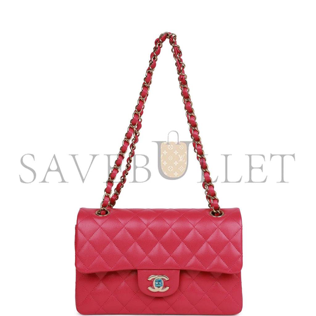 CHANEL SMALL CLASSIC DOUBLE FLAP FUCHSIA CAVIAR LIGHT GOLD HARDWARE (23*13*6cm)