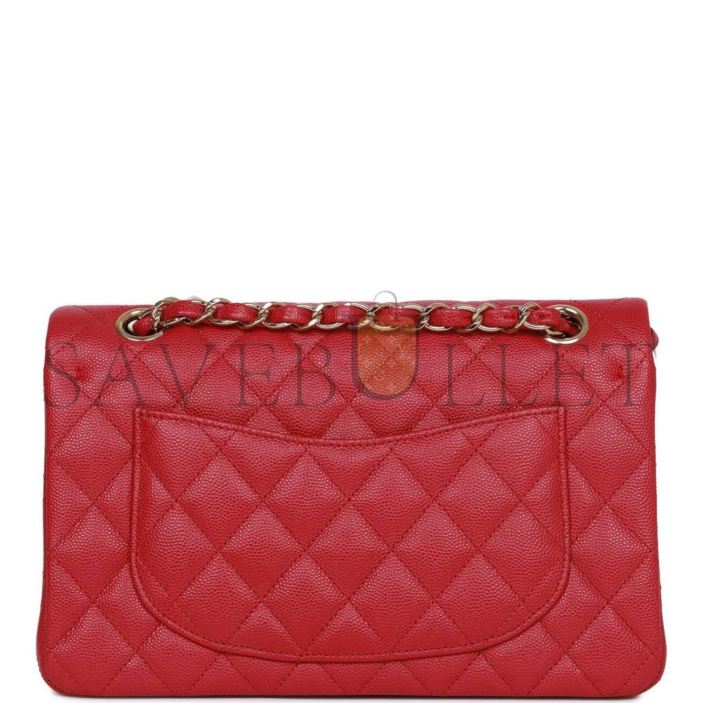 CHANEL SMALL CLASSIC DOUBLE FLAP DARK PINK CAVIAR LIGHT GOLD HARDWARE (23*13*6cm)