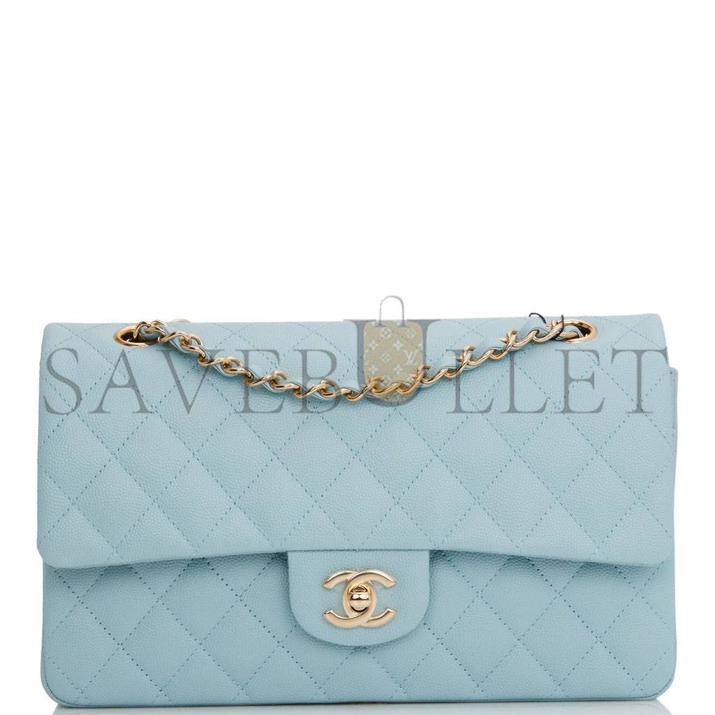 CHANEL MEDIUM CLASSIC DOUBLE FLAP BAG BLUE QUILTED CAVIAR LIGHT GOLD HARDWARE (25*15*7cm)