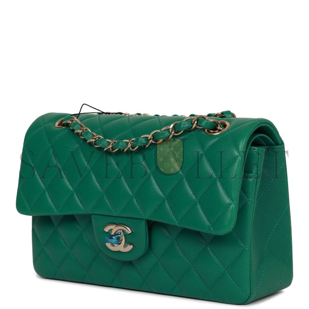 CHANEL SMALL CLASSIC DOUBLE FLAP BAG GREEN LAMBSKIN LIGHT GOLD HARDWARE (23*13*6cm)