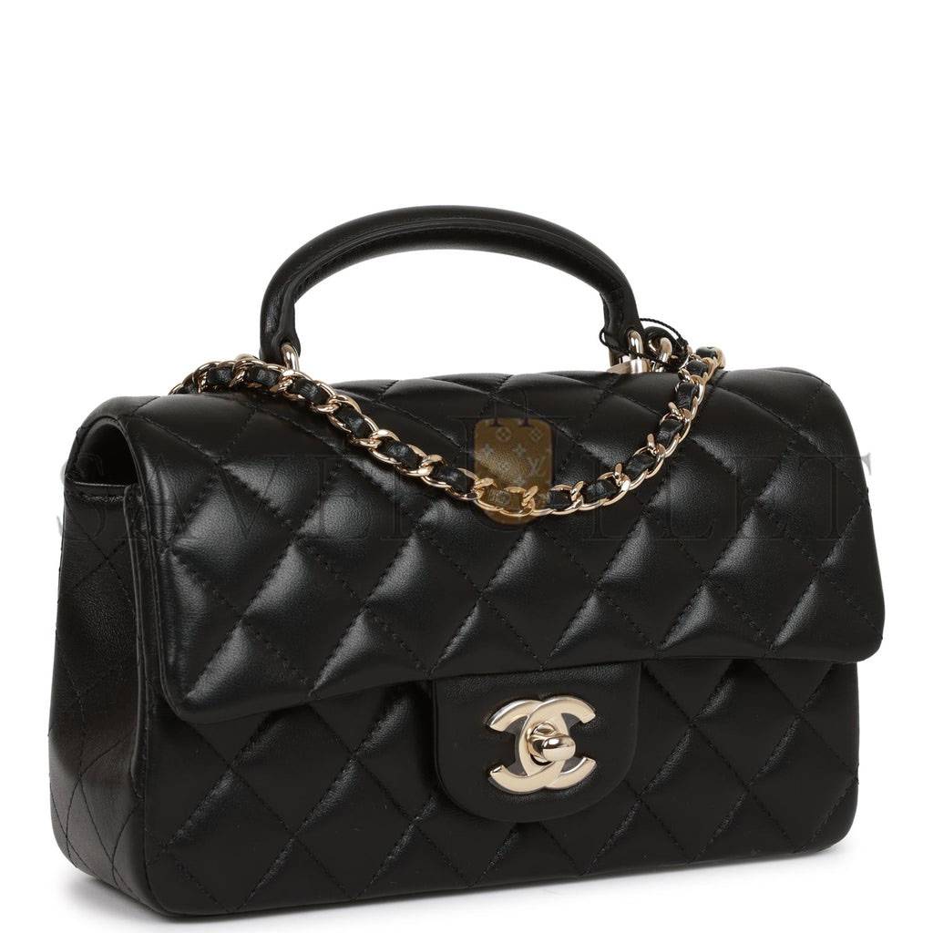 CHANEL MINI RECTANGULAR FLAP BAG WITH TOP HANDLE BLACK LAMBSKIN LIGHT GOLD HARDWARE (22*15*8cm) CHANEL MINI RECTANGULAR FLAP BAG WITH TOP HANDLE BLACK LAMBSKIN LIGHT GOLD HARDWARE (22*15*8cm)