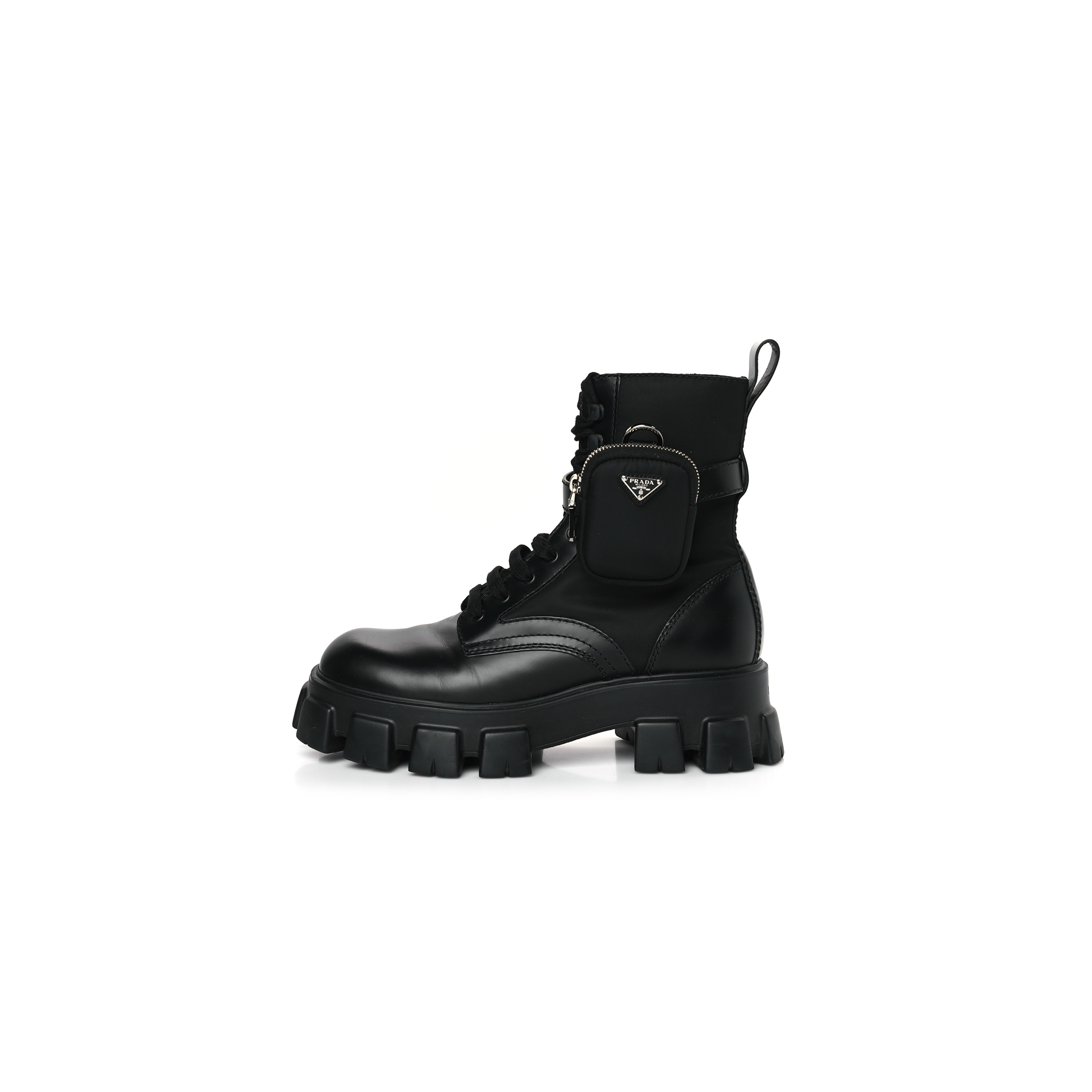 PRADA SPAZZOLATO ROIS RE-NYLON METAL TRIANGLE LOGO MENS MONOLITH POUCH POCKET 60MM COMBAT BOOTS 9.5 BLACK PRADA SPAZZOLATO ROIS RE-NYLON METAL TRIANGLE LOGO MENS MONOLITH POUCH POCKET 60MM COMBAT BOOTS 9.5 BLACK