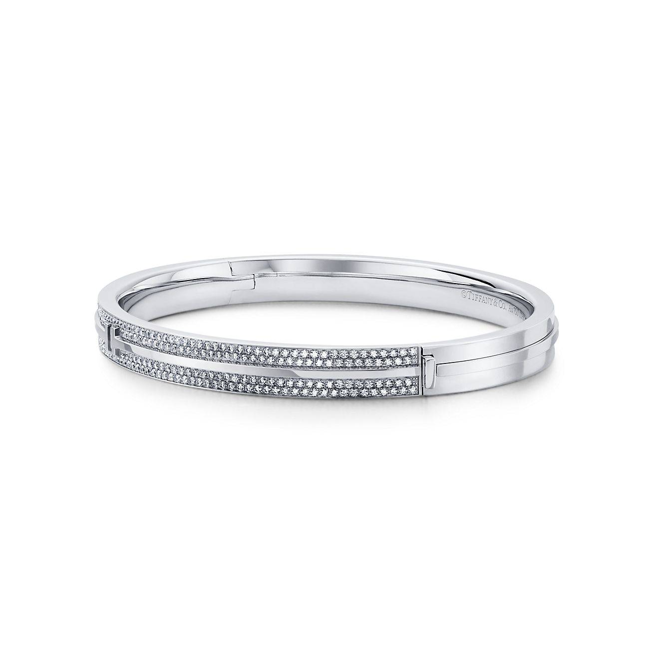 Tiffany T Pavé Diamond Hinged Bangle in 18k White Gold