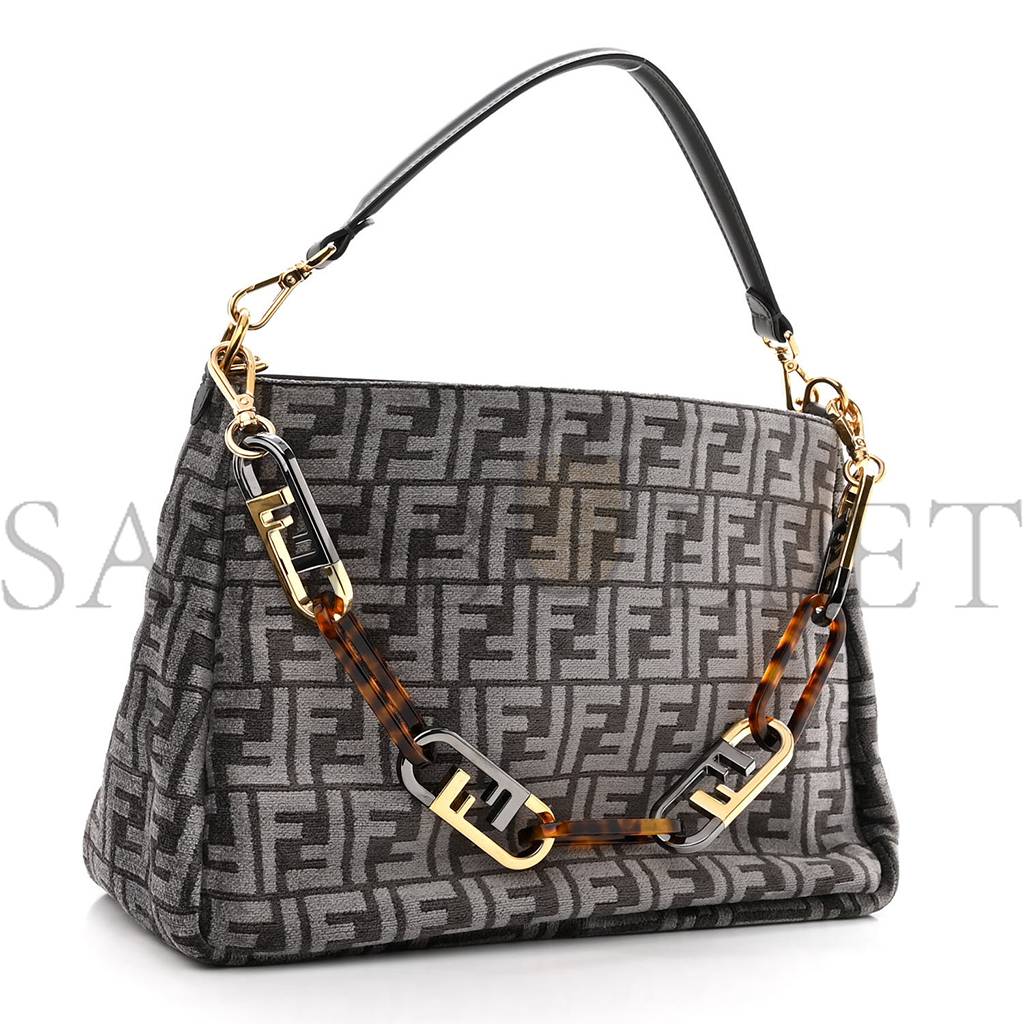 FENDI CHENILLE VITELLO SETA PLEXIGLASS FF FENDI O&#X27;LOCK ZIPPER ANTHRACITE ASFALTO (34*23*13cm)