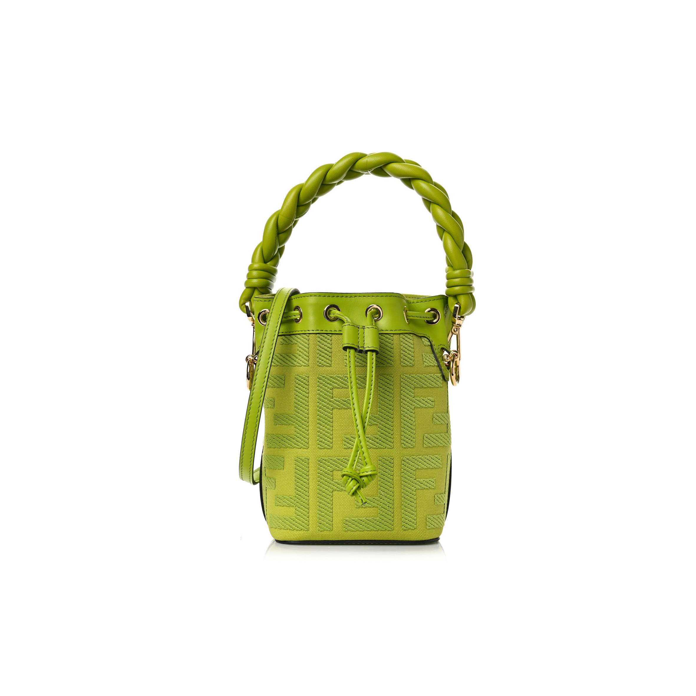 FENDI CANVAS VITELLO GRACE F IS FENDI FF EMBROIDERED MINI MON TRESOR BUCKET BAG WASABI (18*12*10cm) FENDI CANVAS VITELLO GRACE F IS FENDI FF EMBROIDERED MINI MON TRESOR BUCKET BAG WASABI (18*12*10cm)